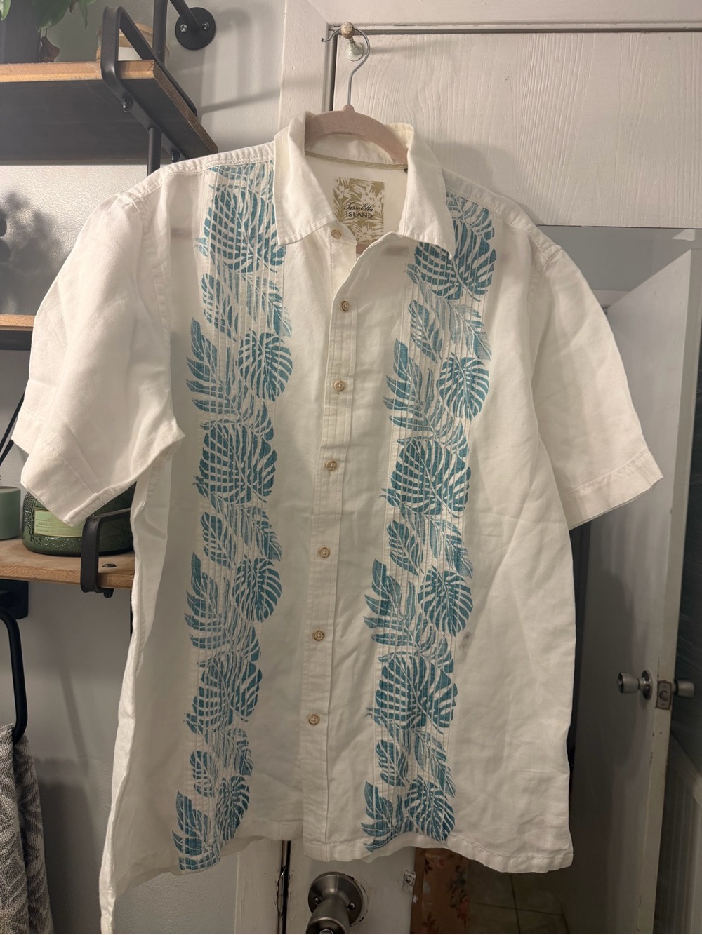 Tasso Elba White Linen/Cotton Short-Sleeve Button-Down with Teal Leaf Panels
